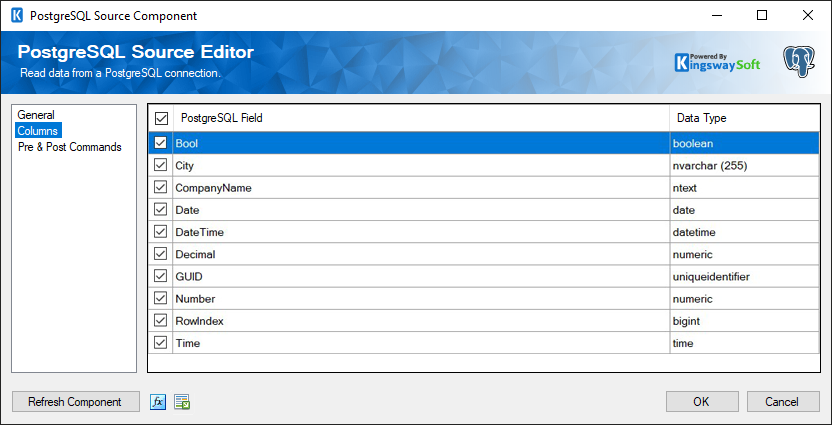 PostgreSQL Source Component - Columns Page